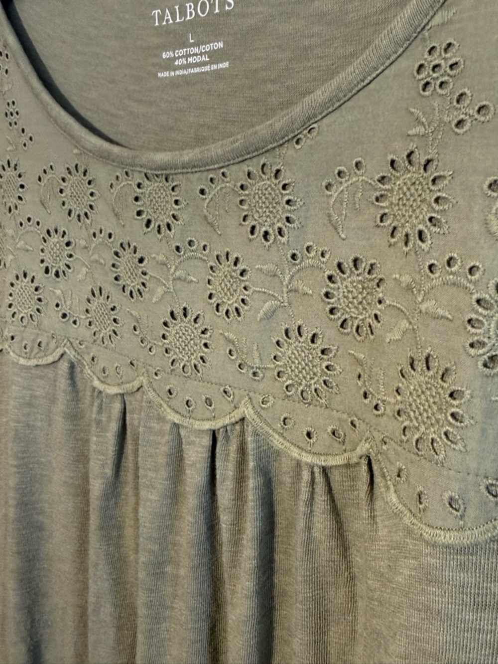Talbots Large Olive Green Floral Eyelet Embroidered Short Sleeve Cotton Top - Picture 4 of 11